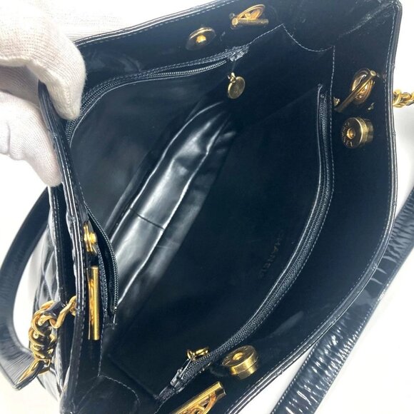 CHANEL Quilted Double Chain Bag Shoulder Bag enamel Black/Gold - Picture 5 of 16